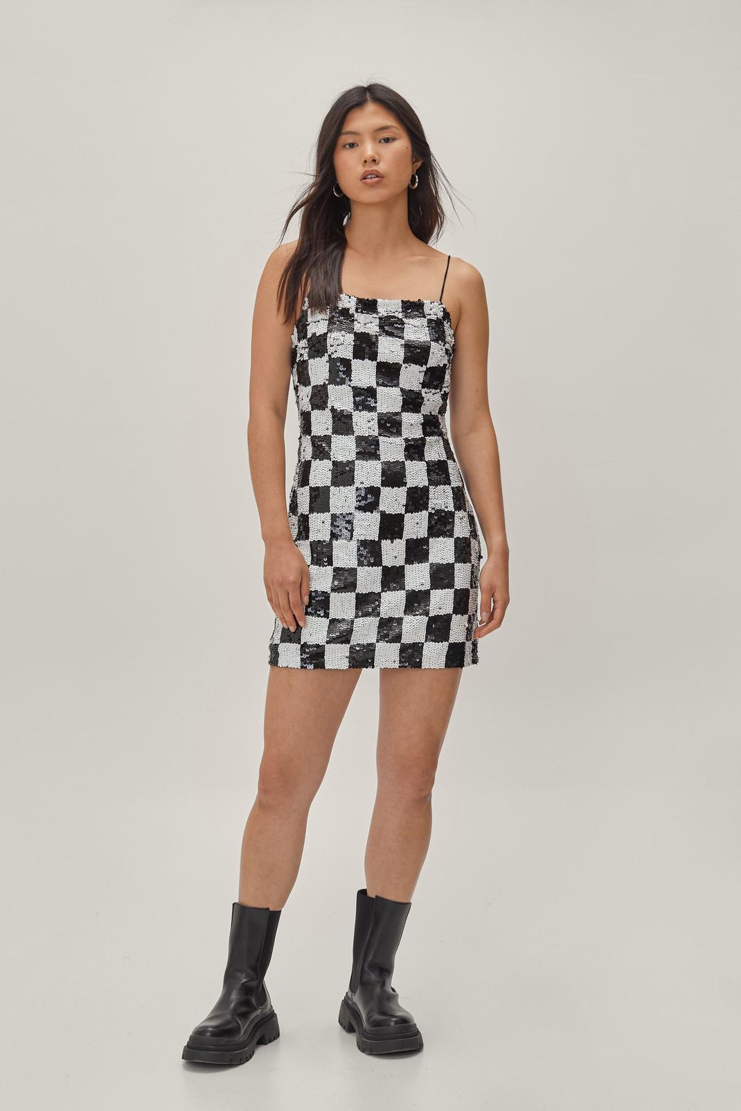 105 Strappy Checkerboard Embellished Mini Dress image number 2