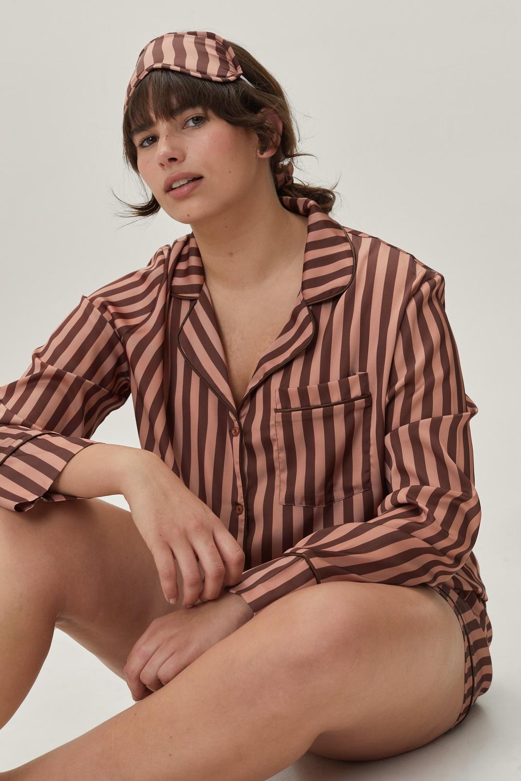 Brown Plus Size 6 Pc Striped Pyjama Set image number 1