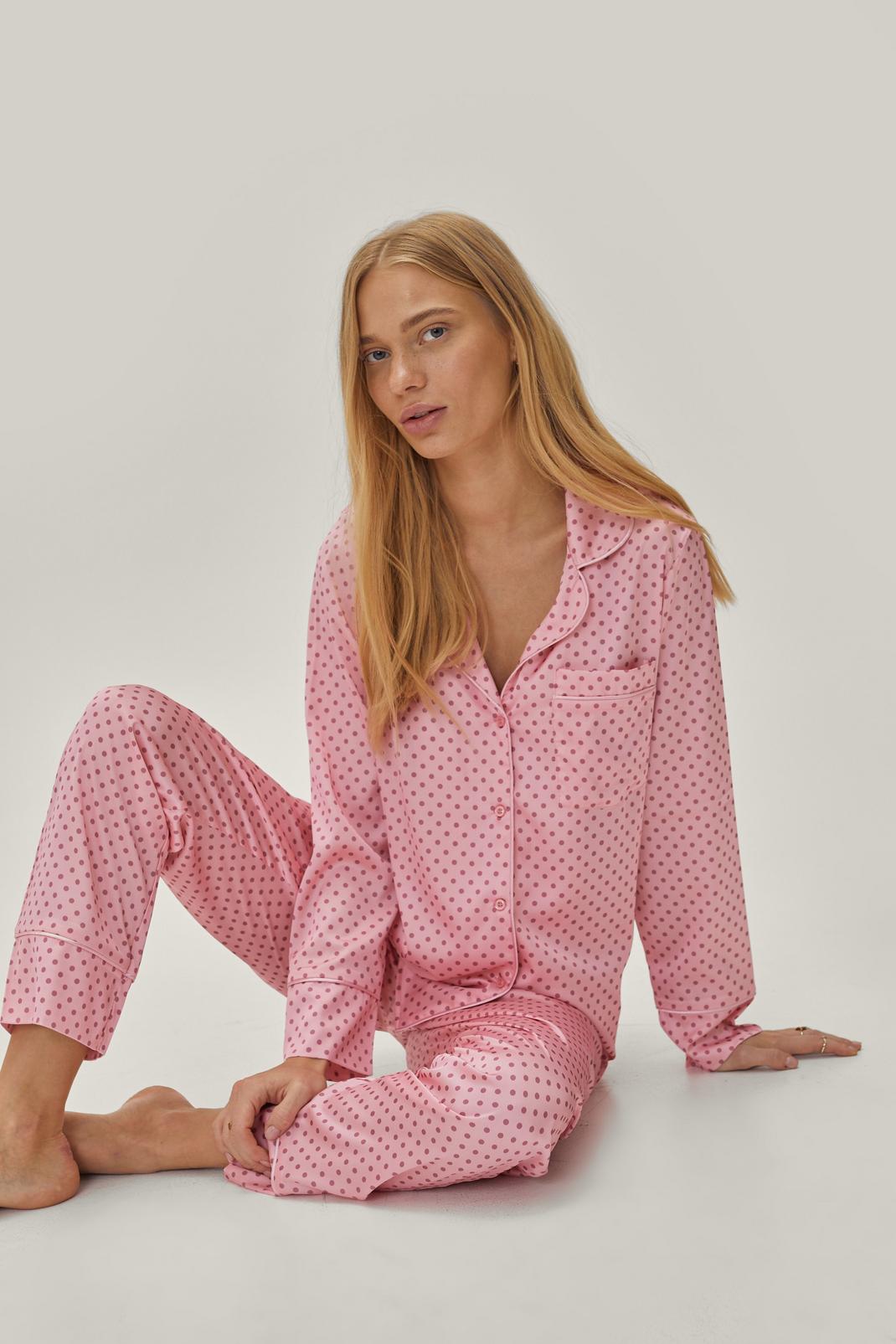Petite - Pyjama satiné chemise & pantalon à pois, Pink image number 1