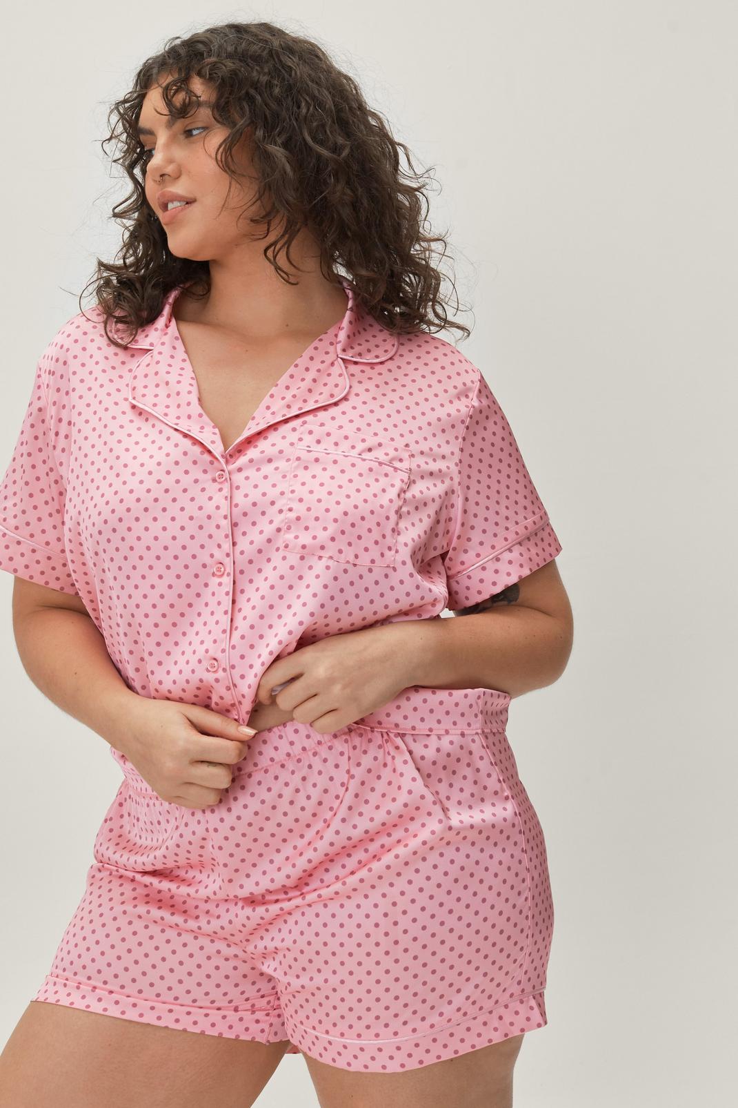 Grande Taille - Pyjama 3 pièces satiné à imprimé pois, Baby pink image number 1
