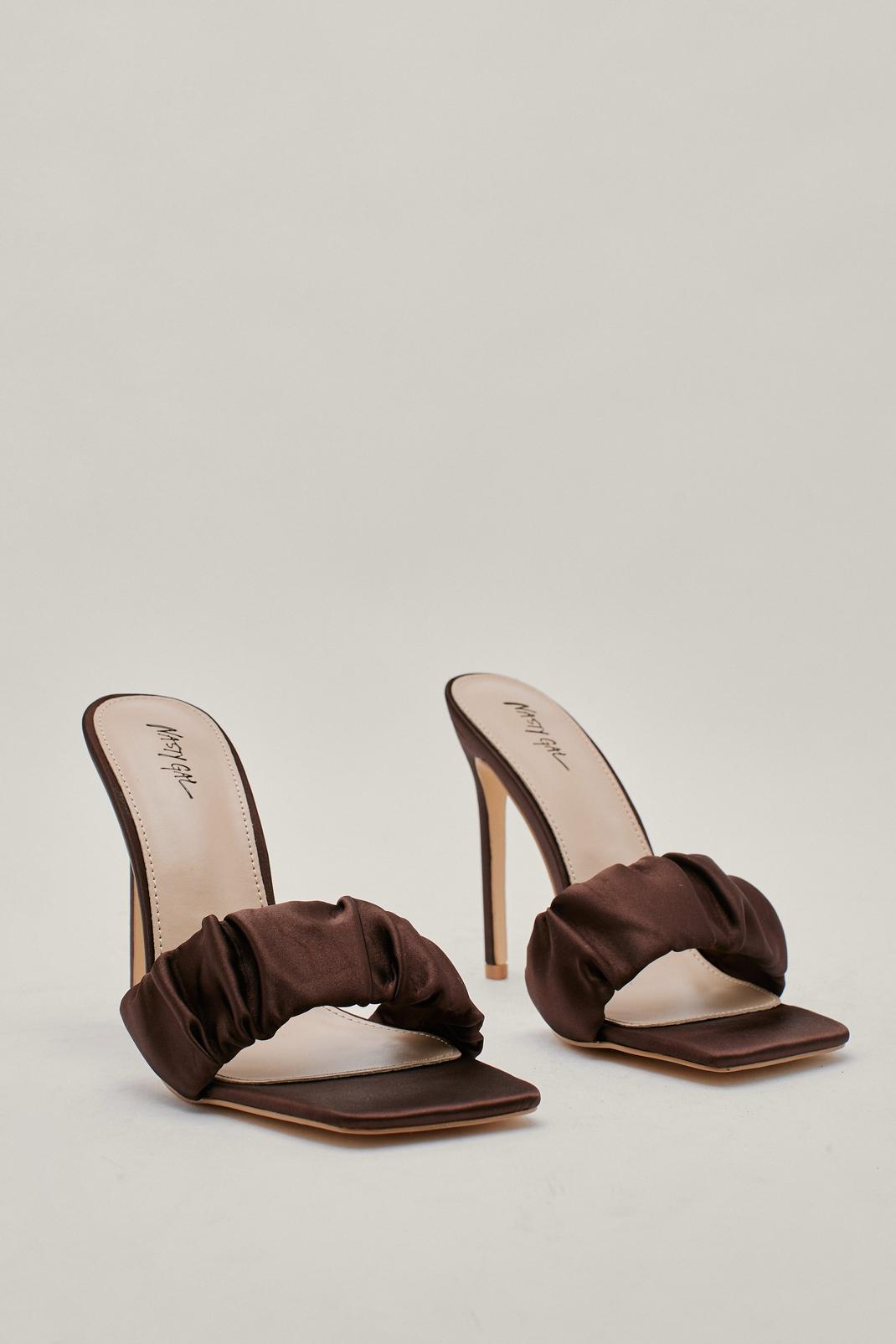 Chocolate Satin Ruched Front Heeled Mules image number 1