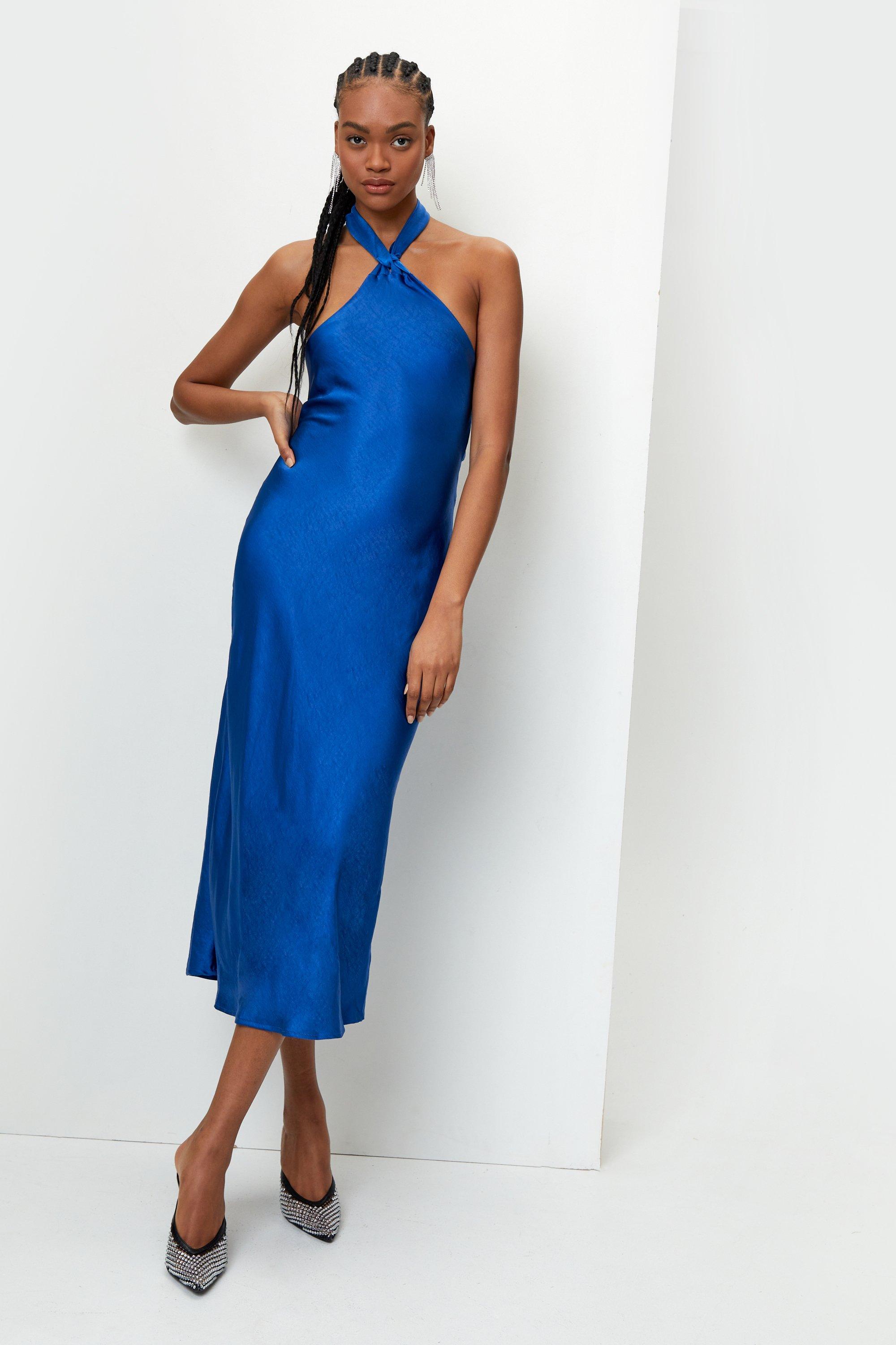 Knot Halter Neck Satin Midi Dress ...