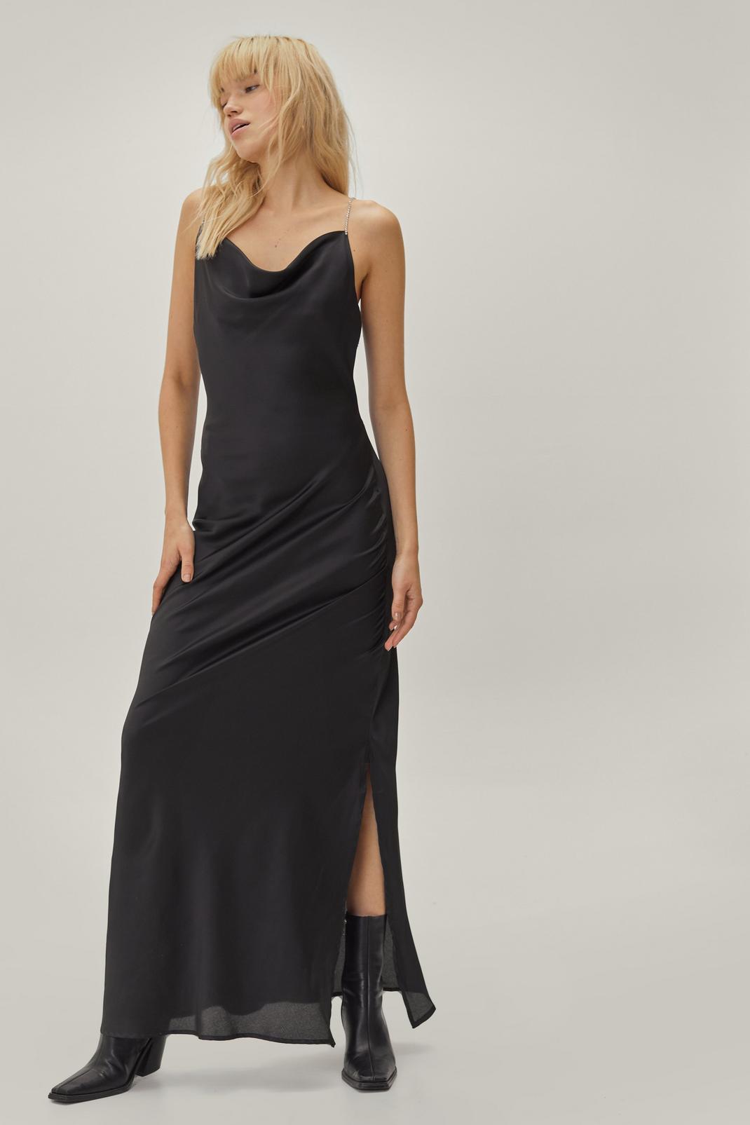 Black Diamante Strap Satin Maxi Dress image number 1