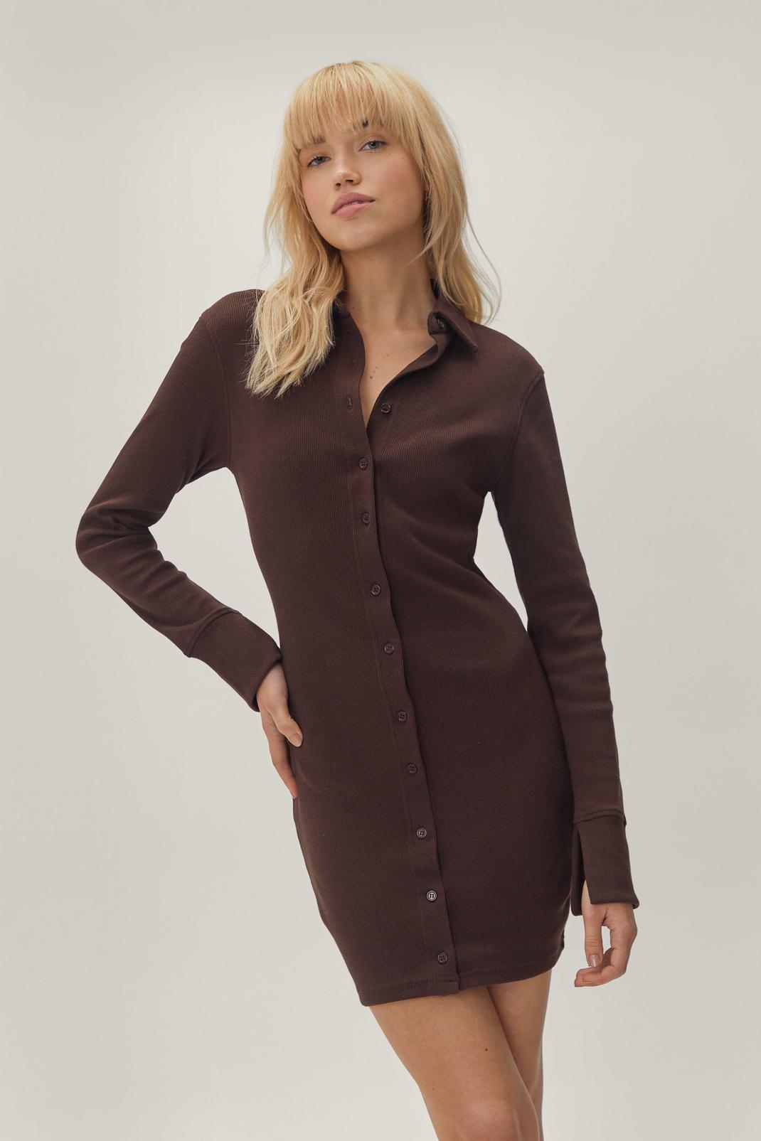 Chocolate Ribbed Ruched Mini Bodycon Shirt Dress image number 1