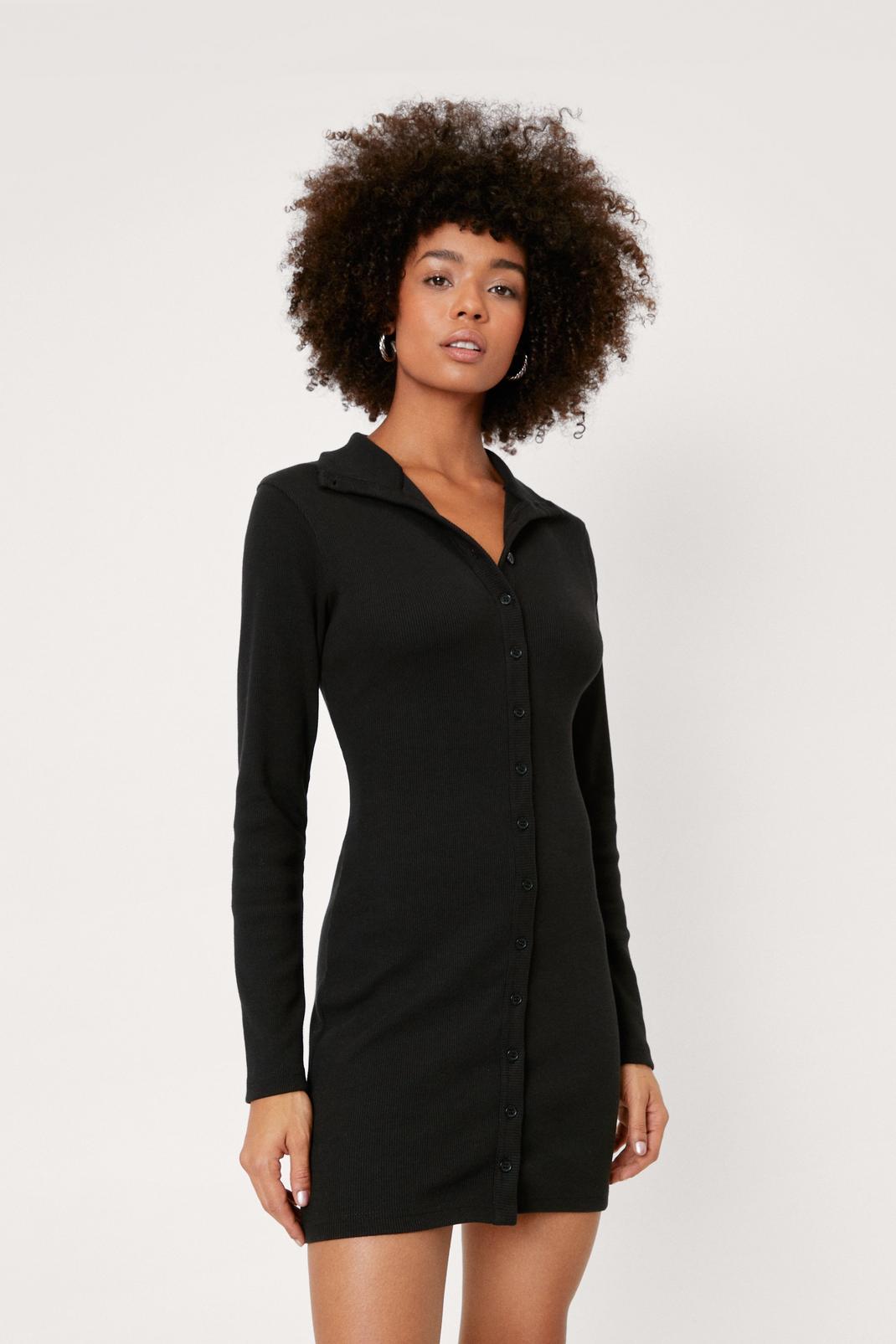 Black Ribbed Button Down Bodycon Mini Dress image number 1
