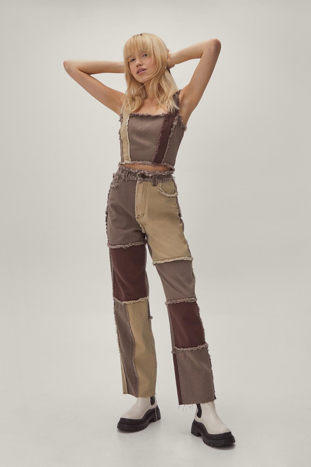 Chocolate Patchwork Frayed Seam Straight Leg Jeans image number 1