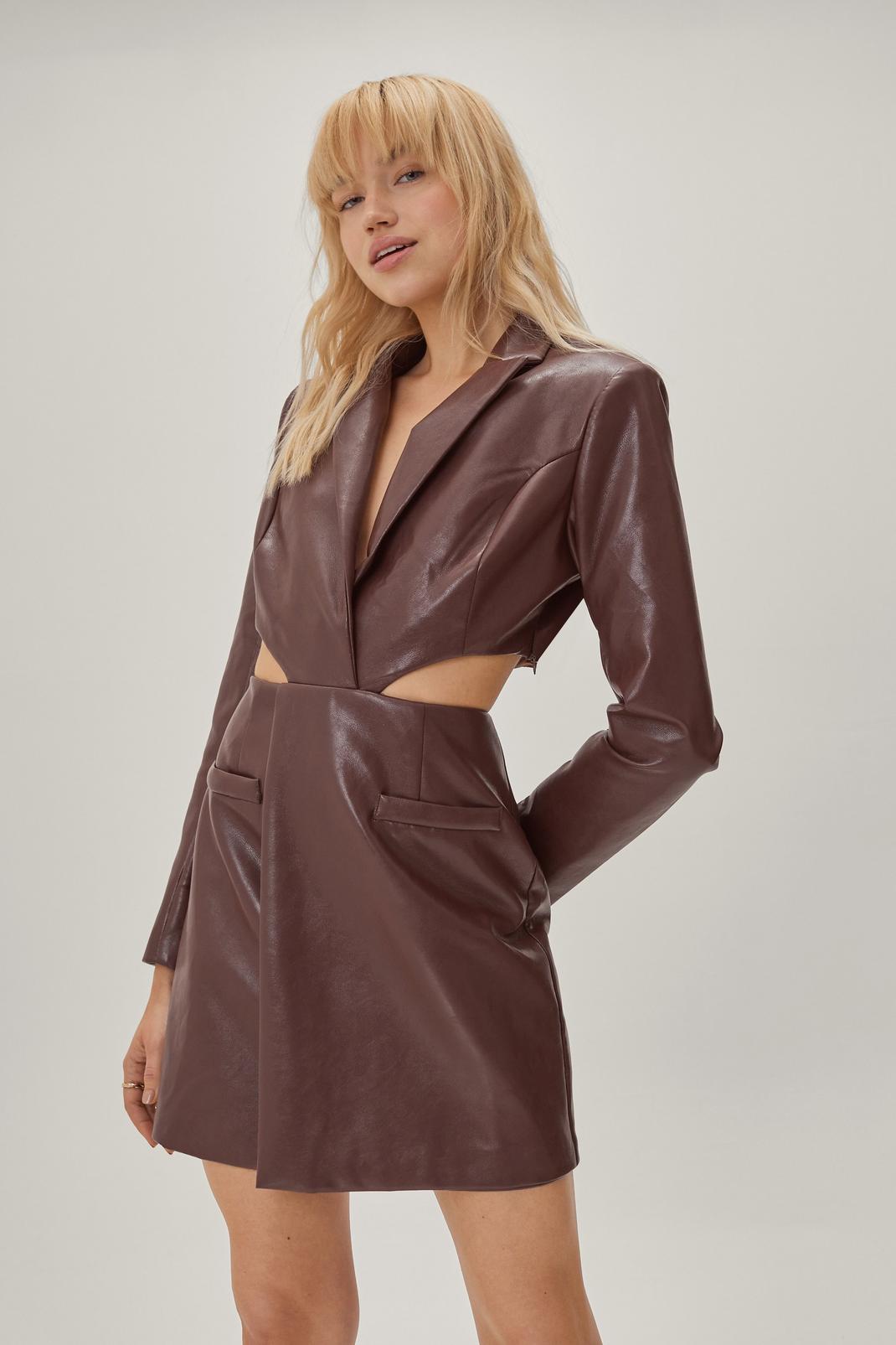 Chocolate Faux Leather Cut Out Blazer Mini Dress image number 1