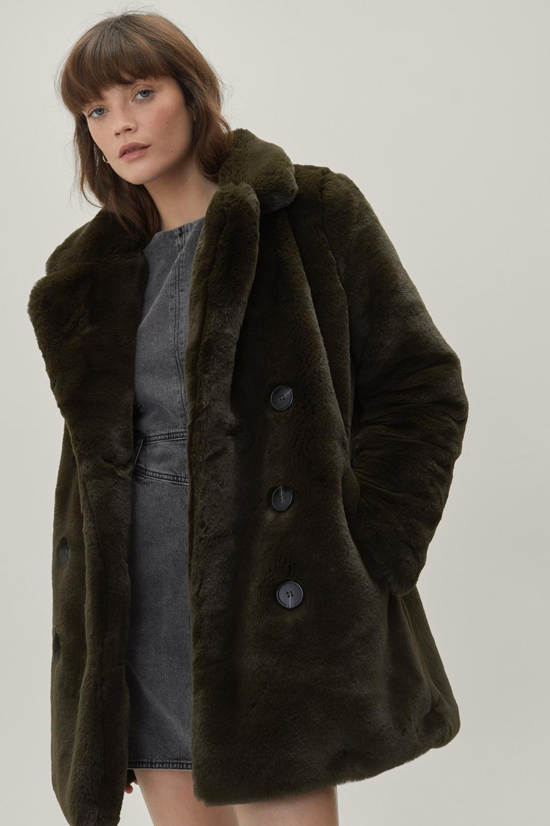 Khaki Faux Fur Double Breasted Coat image number 1