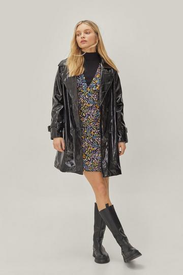 Faux Leather Vinyl Belted Trench Coat black