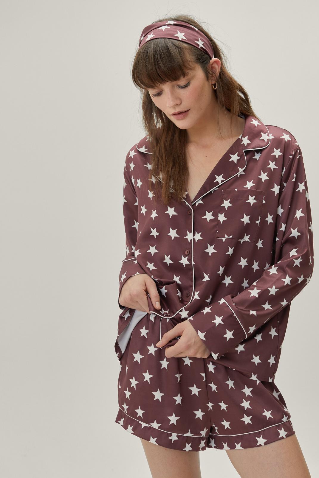 Recyclé - Pyjama 3 pièces chemise short & bandeau à étoiles, Maroon image number 1