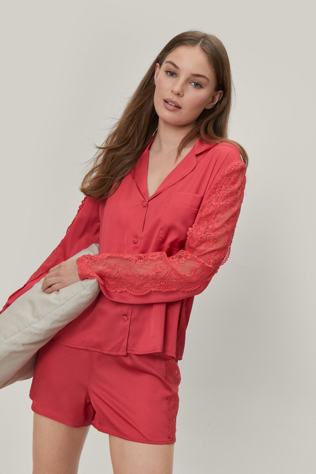 Red Satin Lace Detail Shirt and Pyjama Shorts Set image number 1