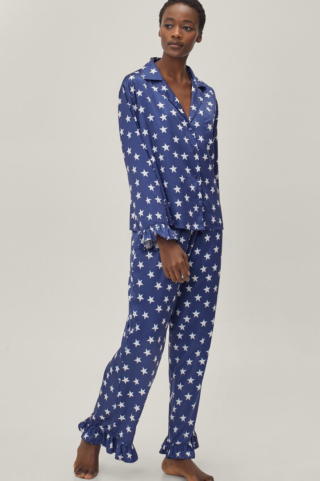 Navy Recycled Satin Star Ruffle Pajama Pants Set image number 1