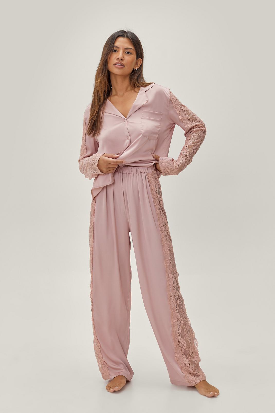 Mauve Satin Lace Trim Pyjama Pant Set image number 1