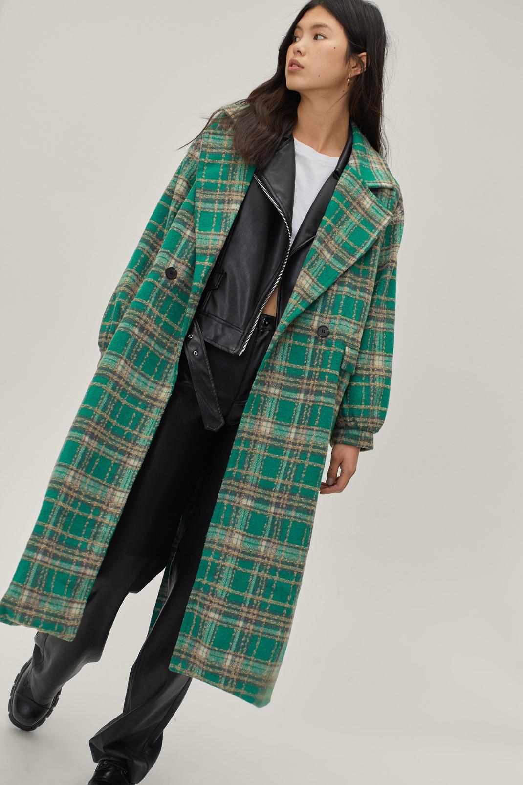 Green Oversized Check Wool Look Coat image number 1