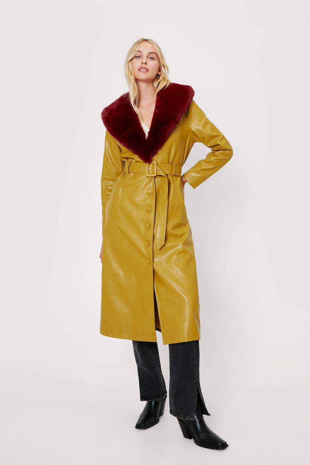 194 Faux Fur Trimmed Faux Leather Belted Coat image number 1
