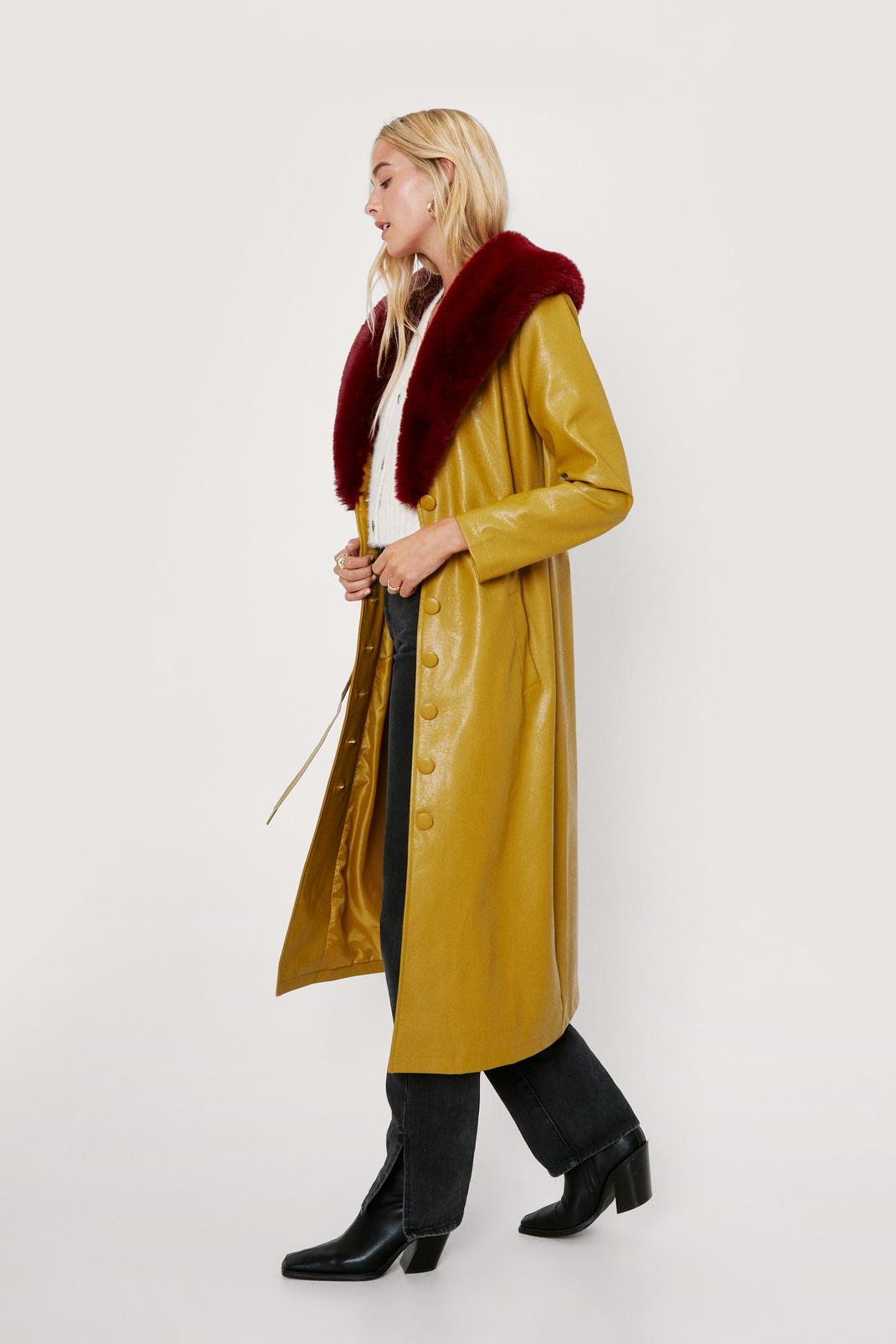 194 Faux Fur Trimmed Faux Leather Belted Coat image number 2