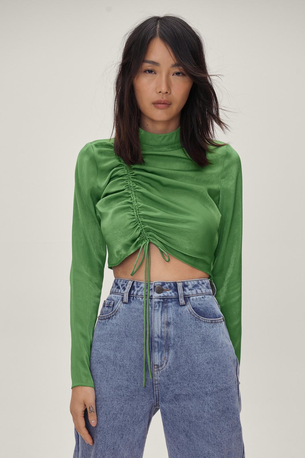 Green Ruched Front High Neck Long Sleeve Blouse image number 1