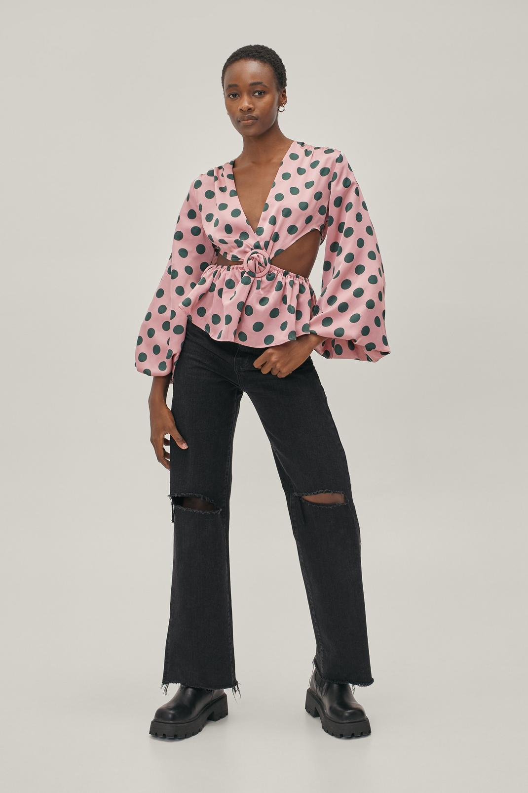 155 Polka Dot Cut Out Puff Sleeve Blouse image number 2