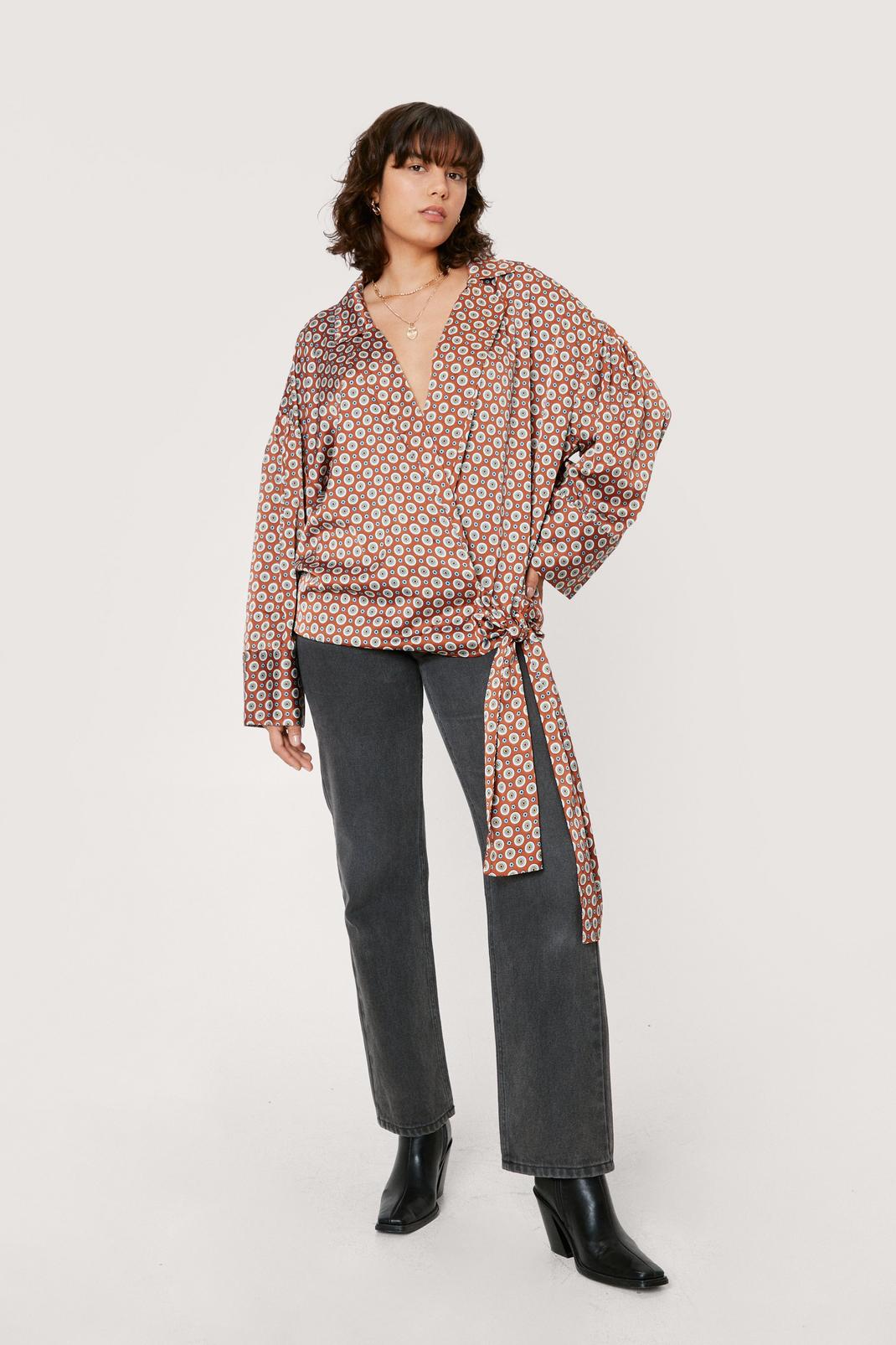109 Tile Print Wrap Front Oversized Blouse image number 2
