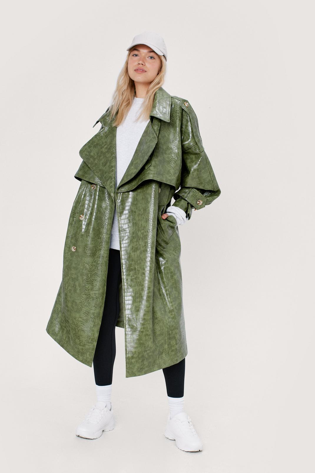 Green Faux Leather Croc Print Oversized Trench Coat image number 1