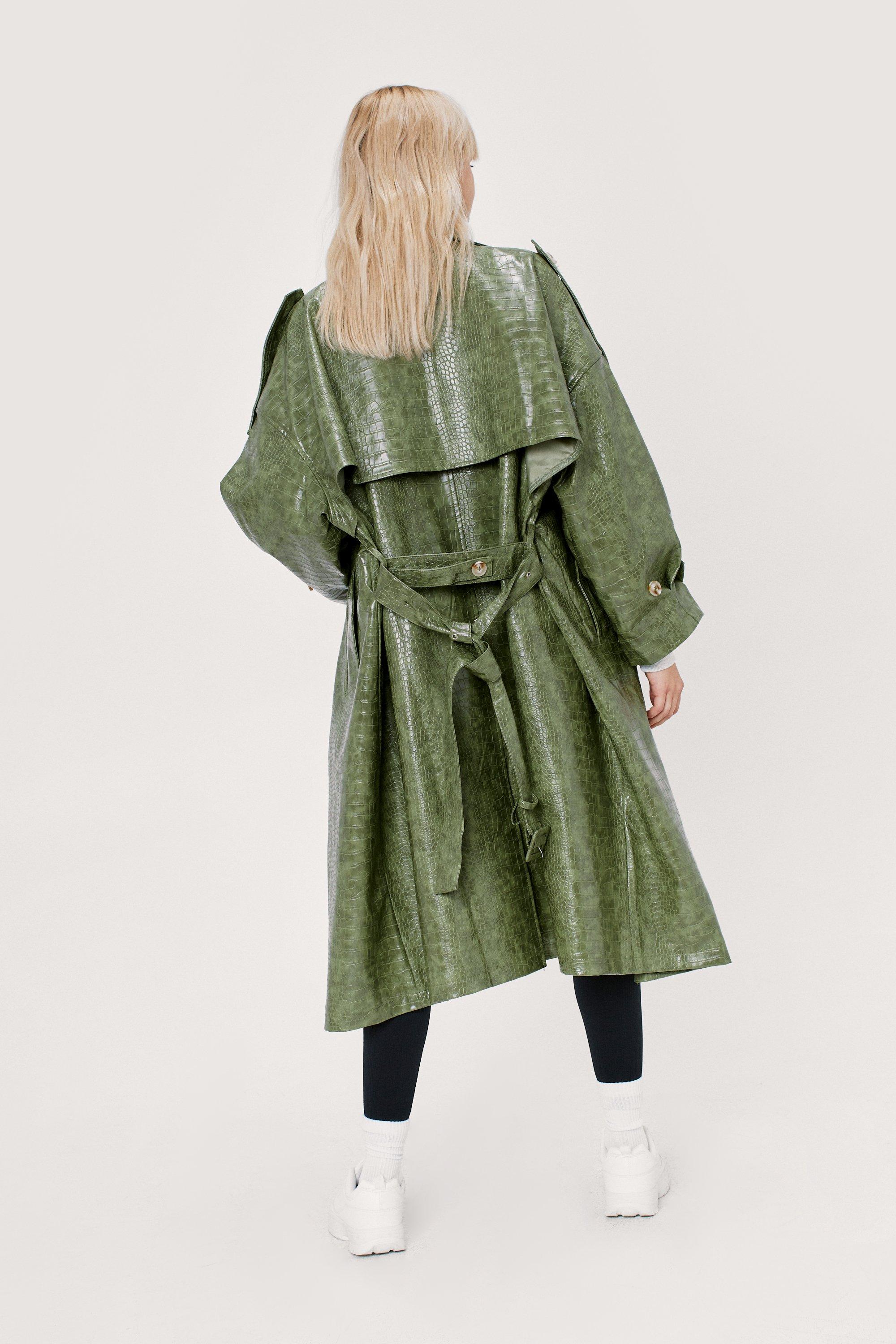Faux Leather Croc Embossed Belted Trench Coat