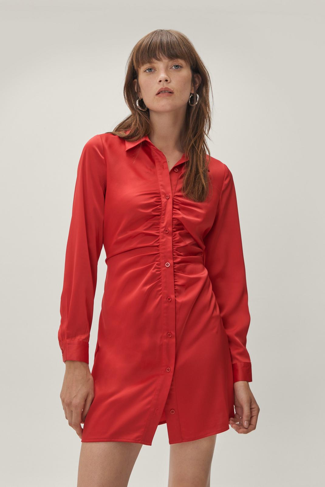 Red Satin Ruched Front Shirt Mini Dress image number 1
