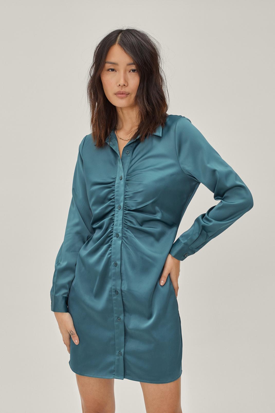 168 Sustainable Satin Ruched Front Shirt Mini Dress image number 2