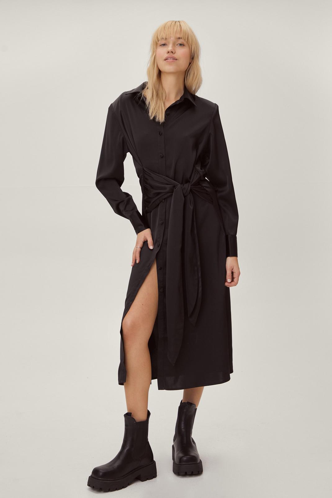 Black Sustainable Satin Tie Midi Shirt Dress image number 1