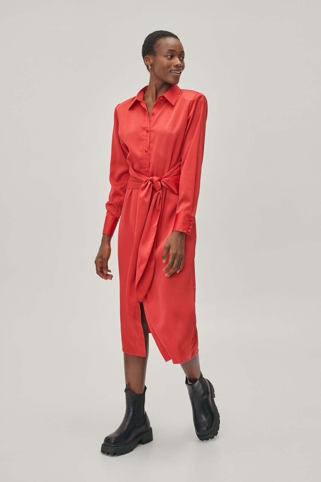 Red Sustainable Satin Tie Midi Shirt Dress image number 1