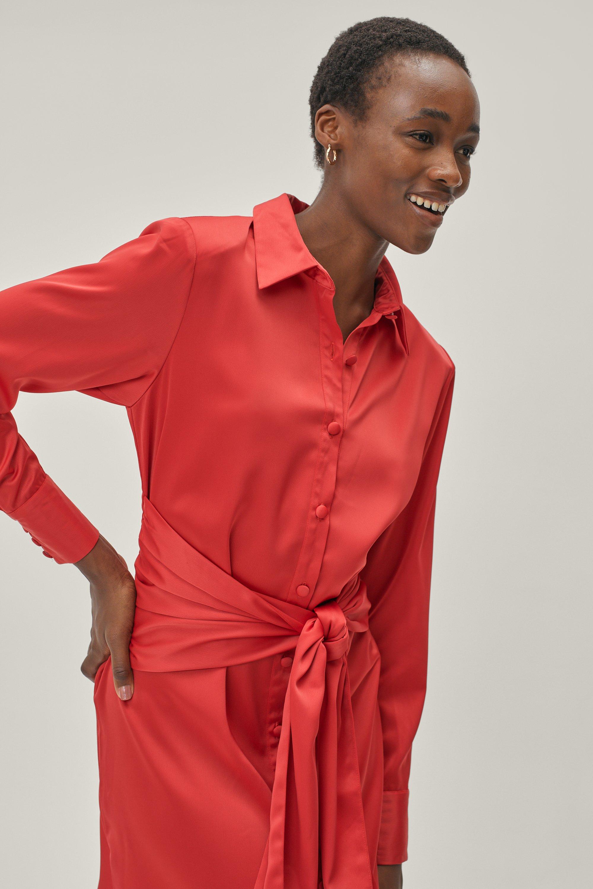 Satin Tie Midi Shirt Dress Nasty Gal
