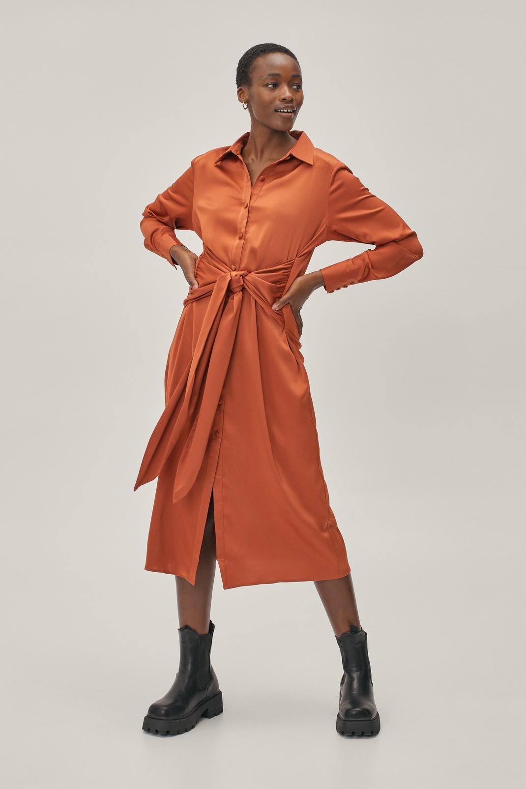 Rust Sustainable Satin Tie Midi Shirt Dress image number 1