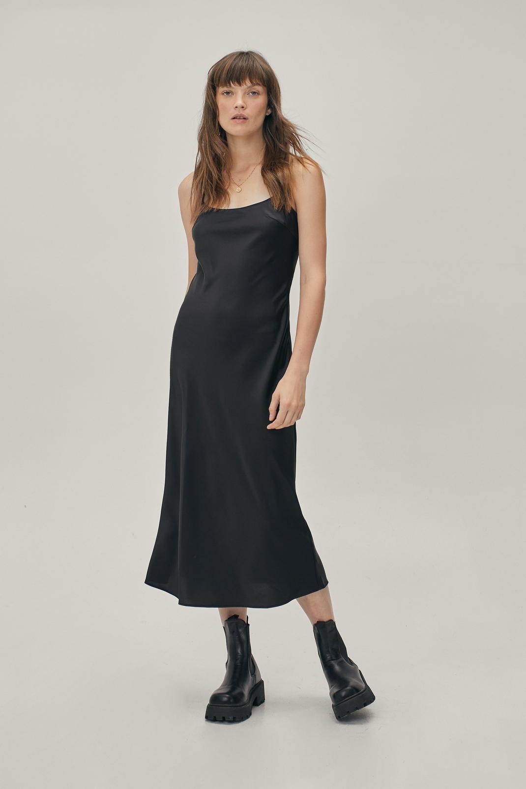 Black Sustainable Satin Square Neck Midi Slip Dress image number 1