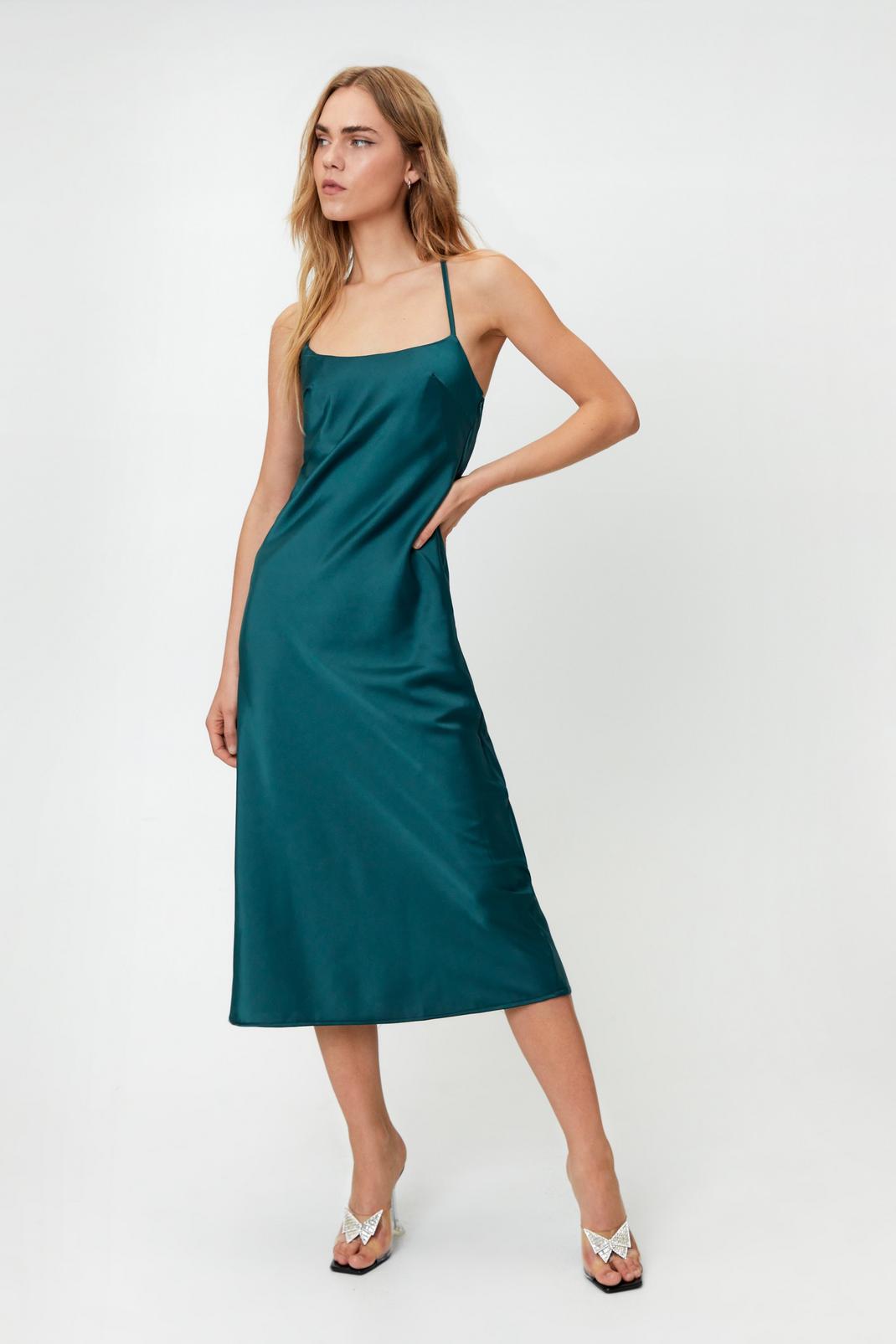 Dark green Sustainable Satin Square Neck Midi Slip Dress image number 1