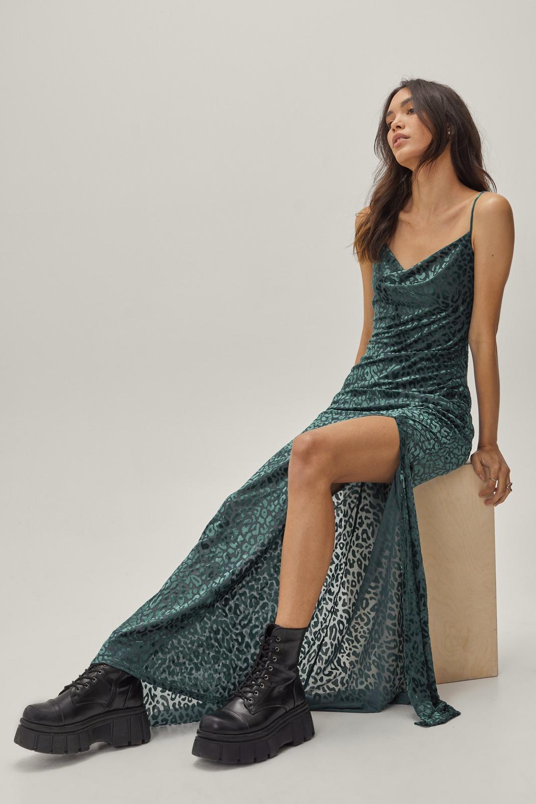 Green Leopard Print Devore Velvet Maxi Dress image number 1