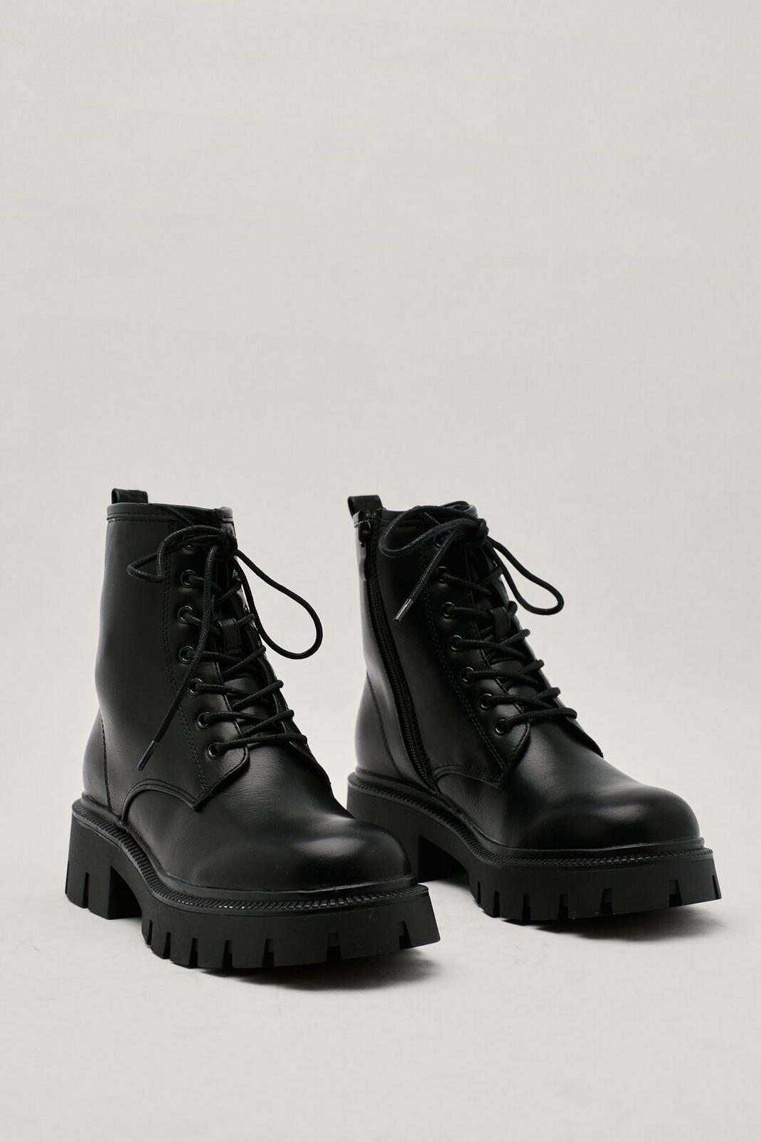 Black Faux Leather Lace Up Hiker Boots image number 1