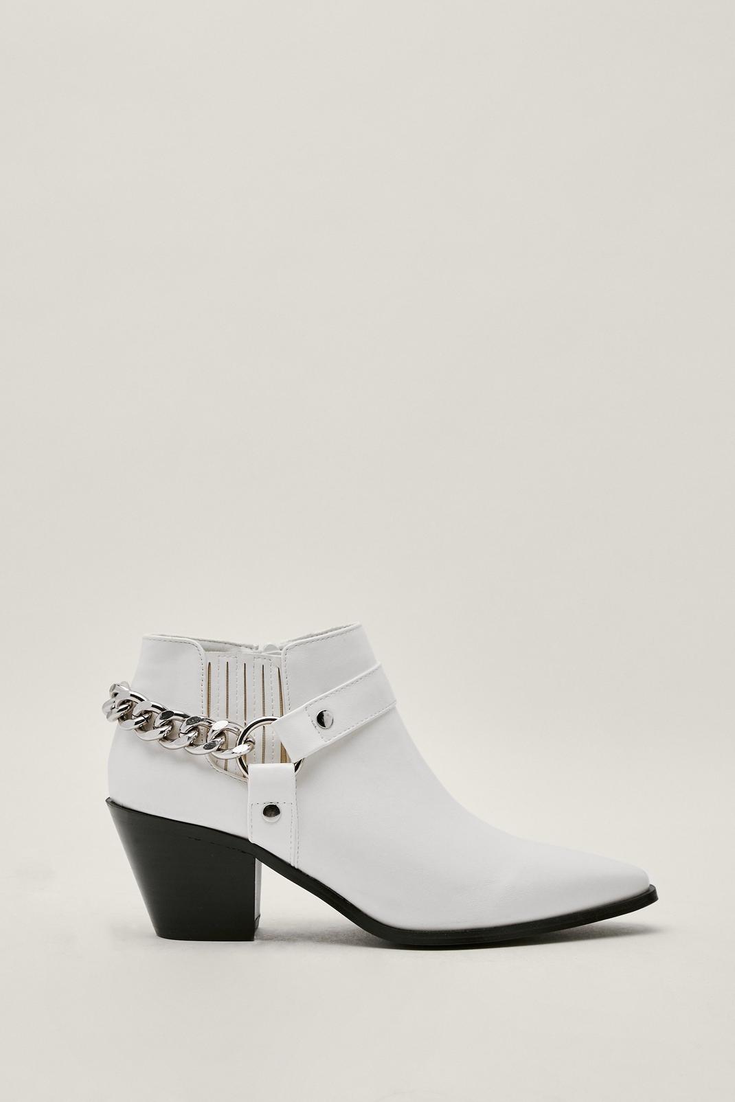 White Curb Chain Pointed Ankle Western Boots image number 1