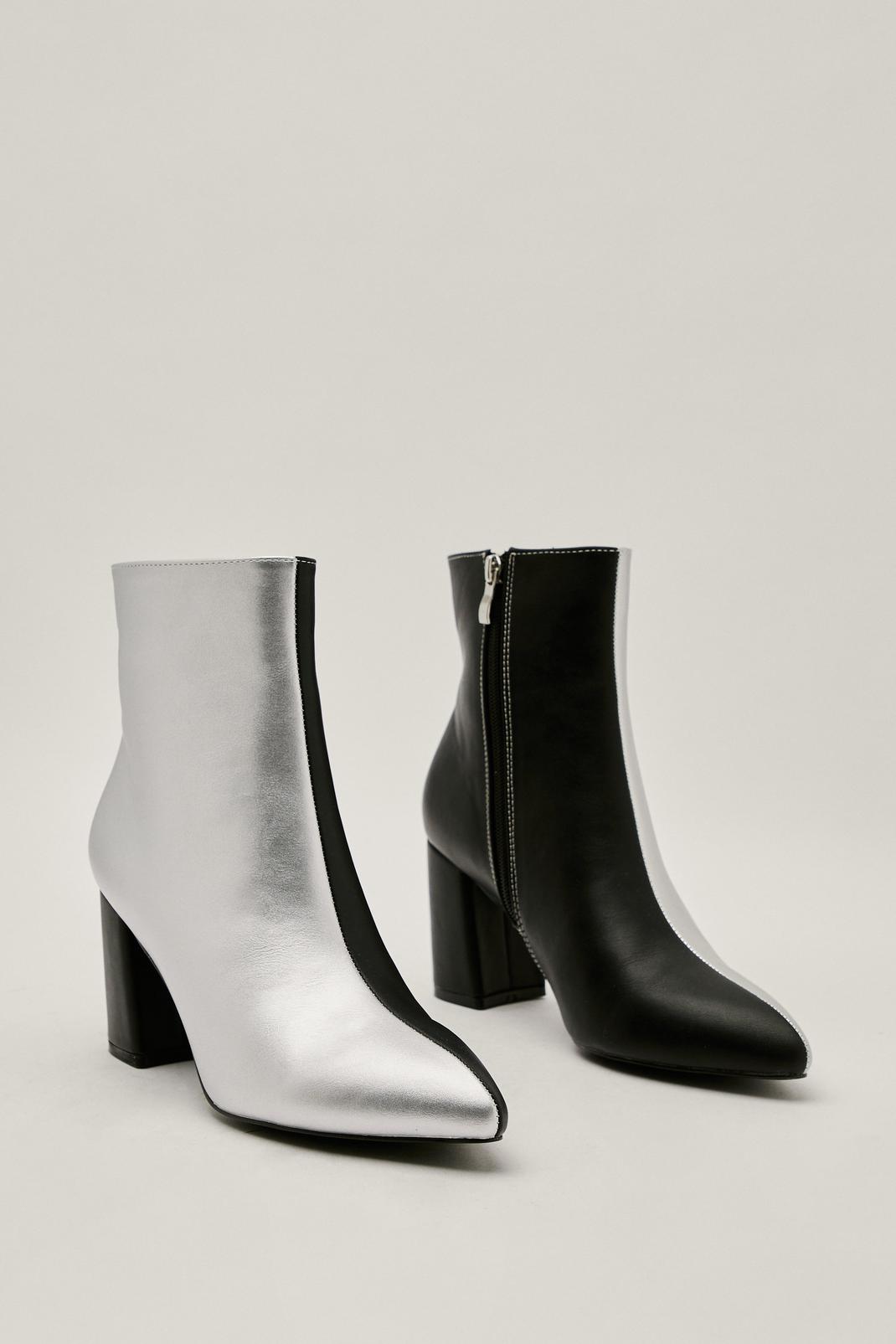 Black Metallic Contrast Color Block Pointed Ankle Boots image number 1