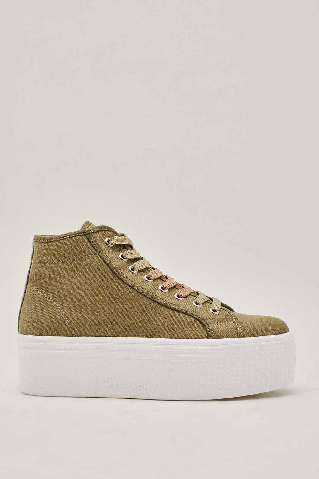 Khaki High Top Flatform Lace Up Canvas Sneakers image number 1