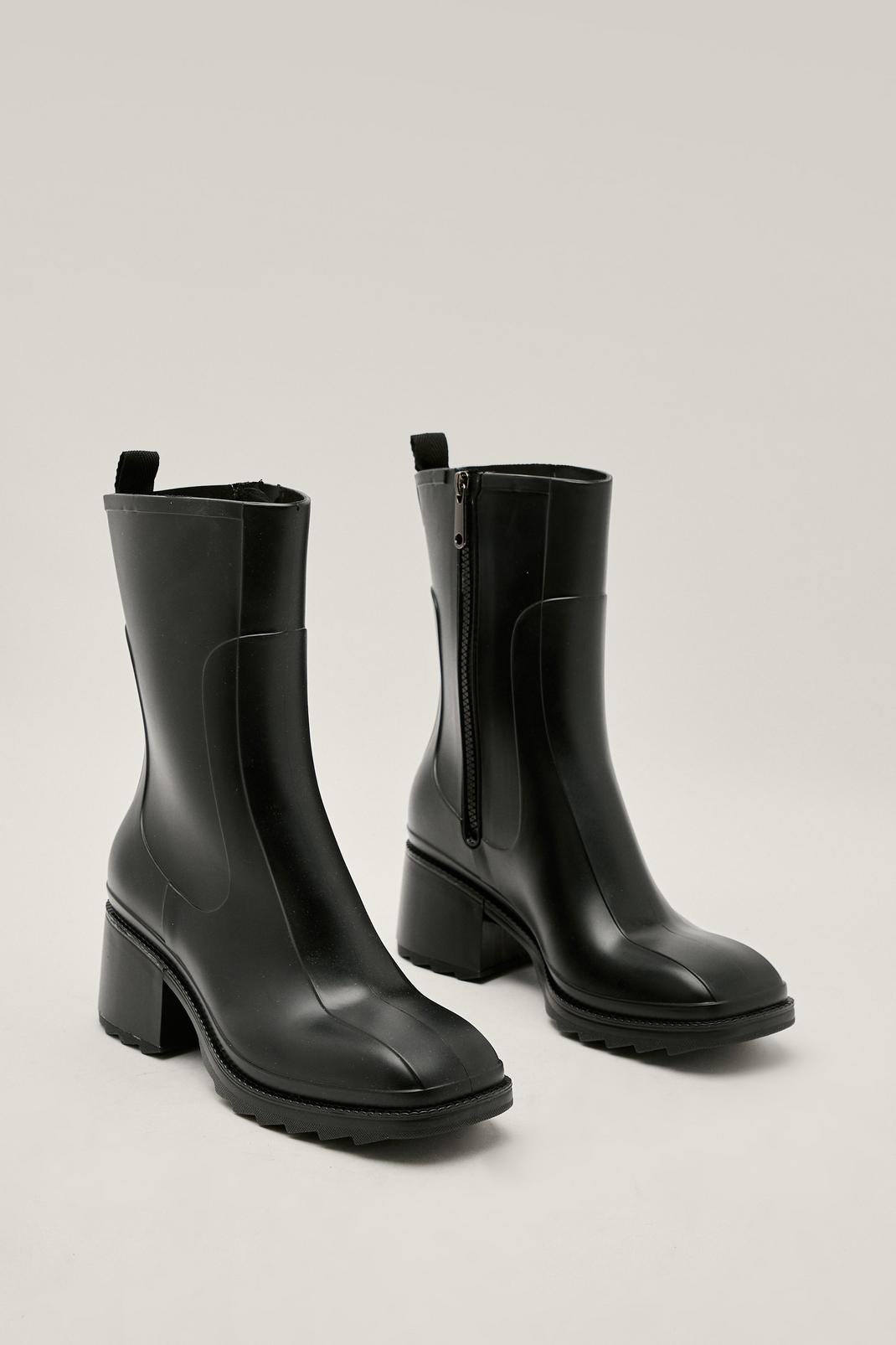 Black Faux Leather Zip Down Heeled Rain Boots image number 1