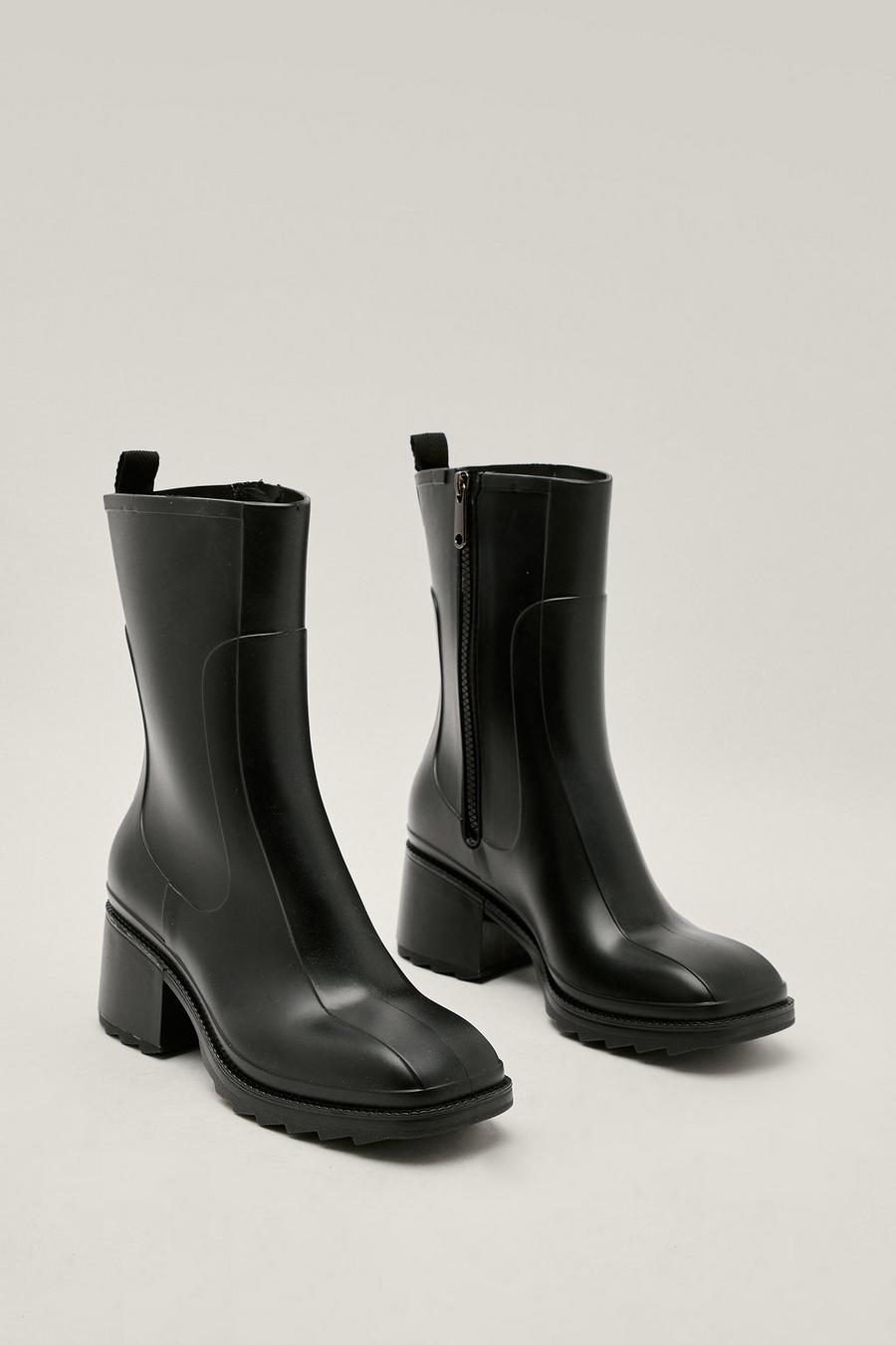 Faux Leather Zip Down Heeled Rain Boots