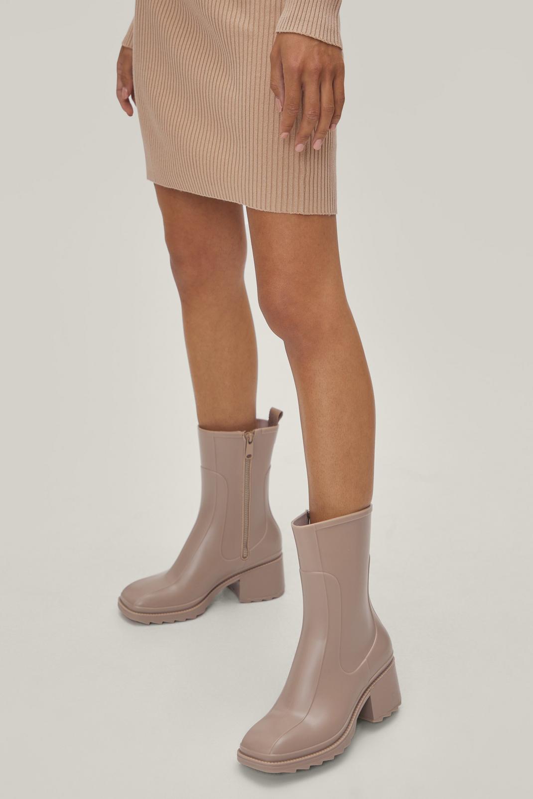 Stone Faux Leather Zip Down Heeled Rain Boots image number 1