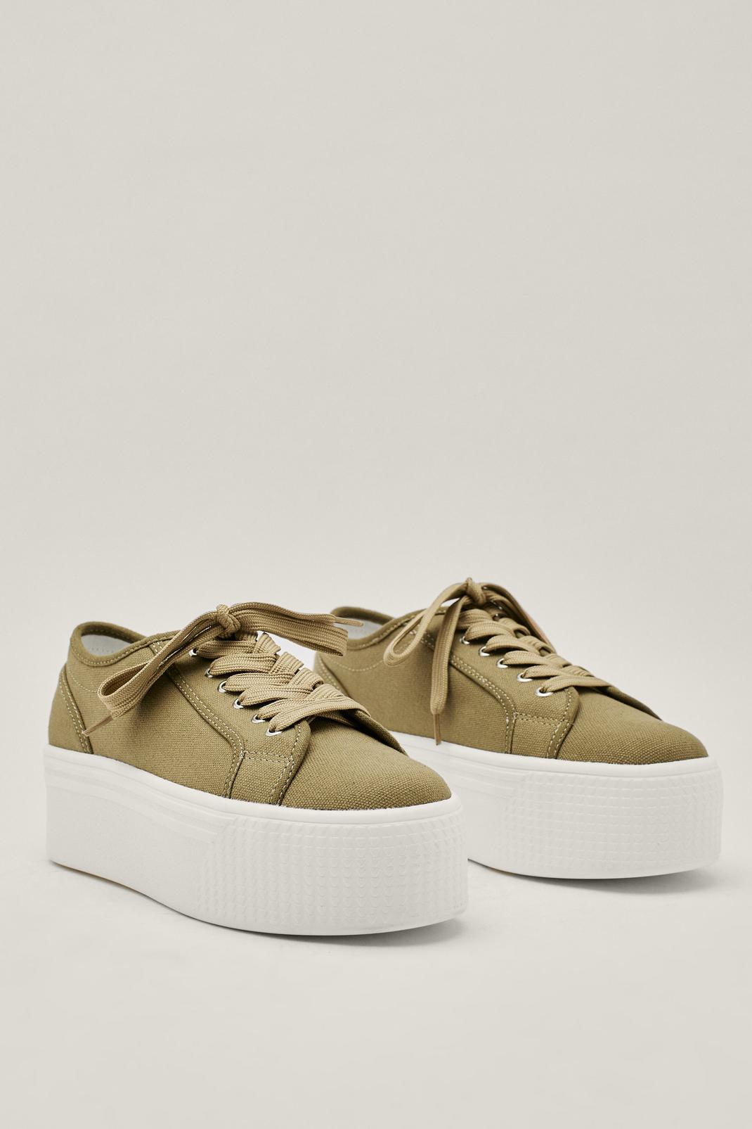 Khaki Canvas Lace Up Flatform Sneakers image number 1
