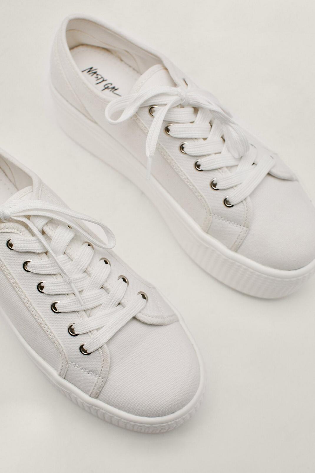 White Canvas Lace Up Flatform Sneakers image number 1