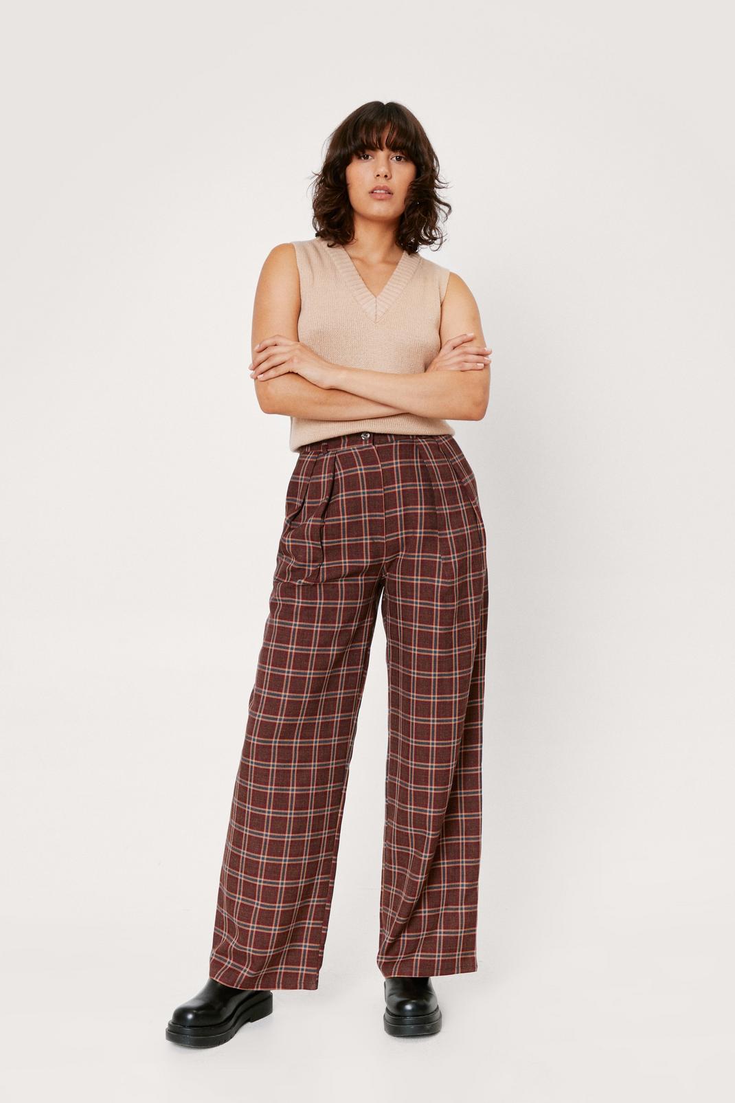 Brown Check Tailored Pleat Detail Trouser image number 1