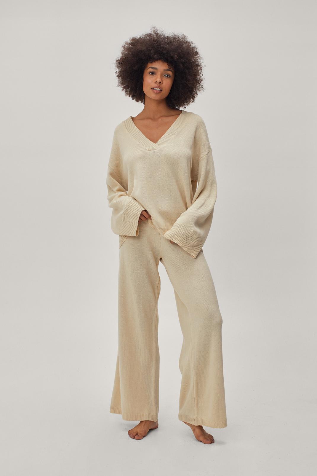 Cream Knitted V Neck Jumper and Trousers Lounge Set image number 1
