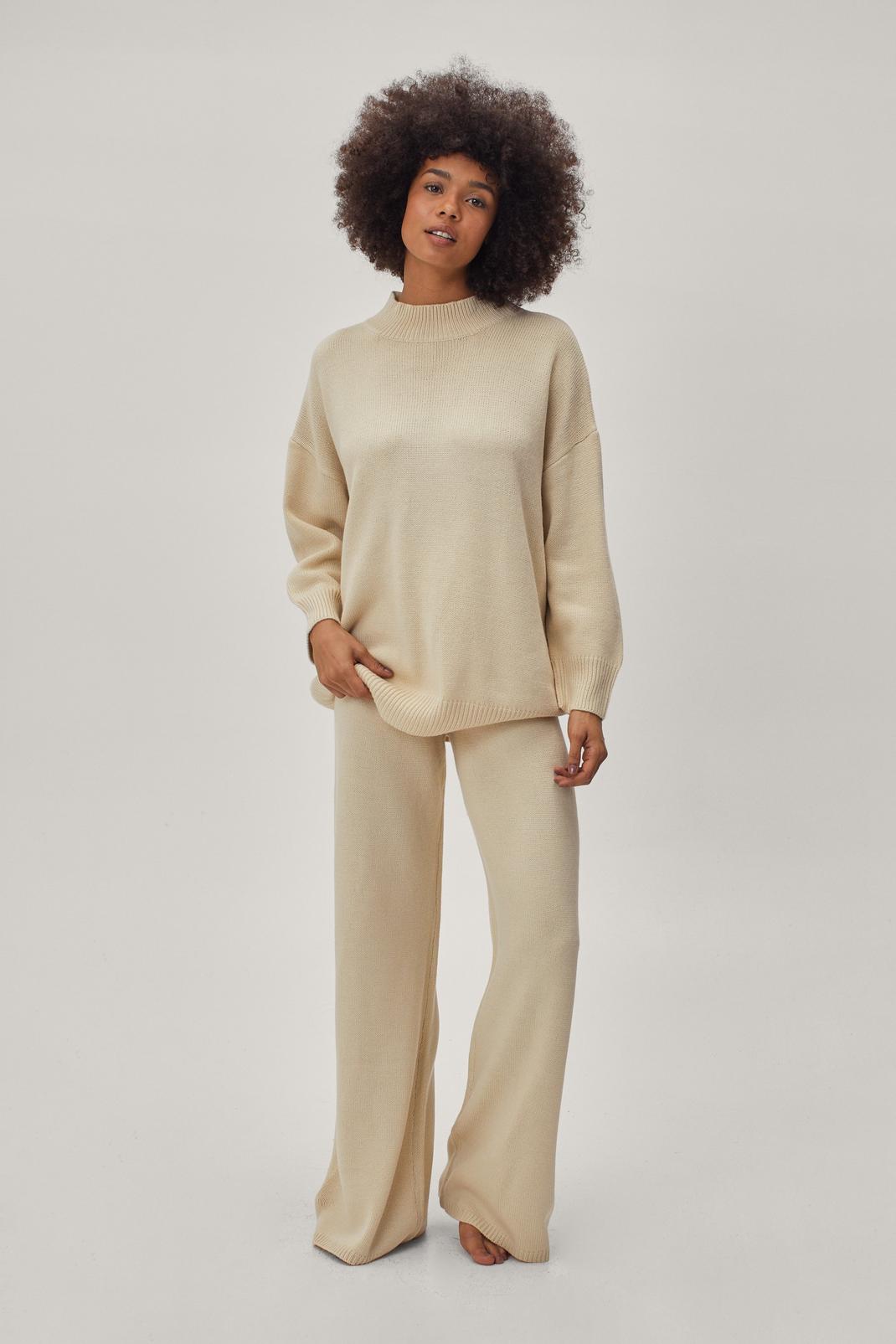 Cream Knitted Jumper and Wide Leg Pants Lounge Set image number 1