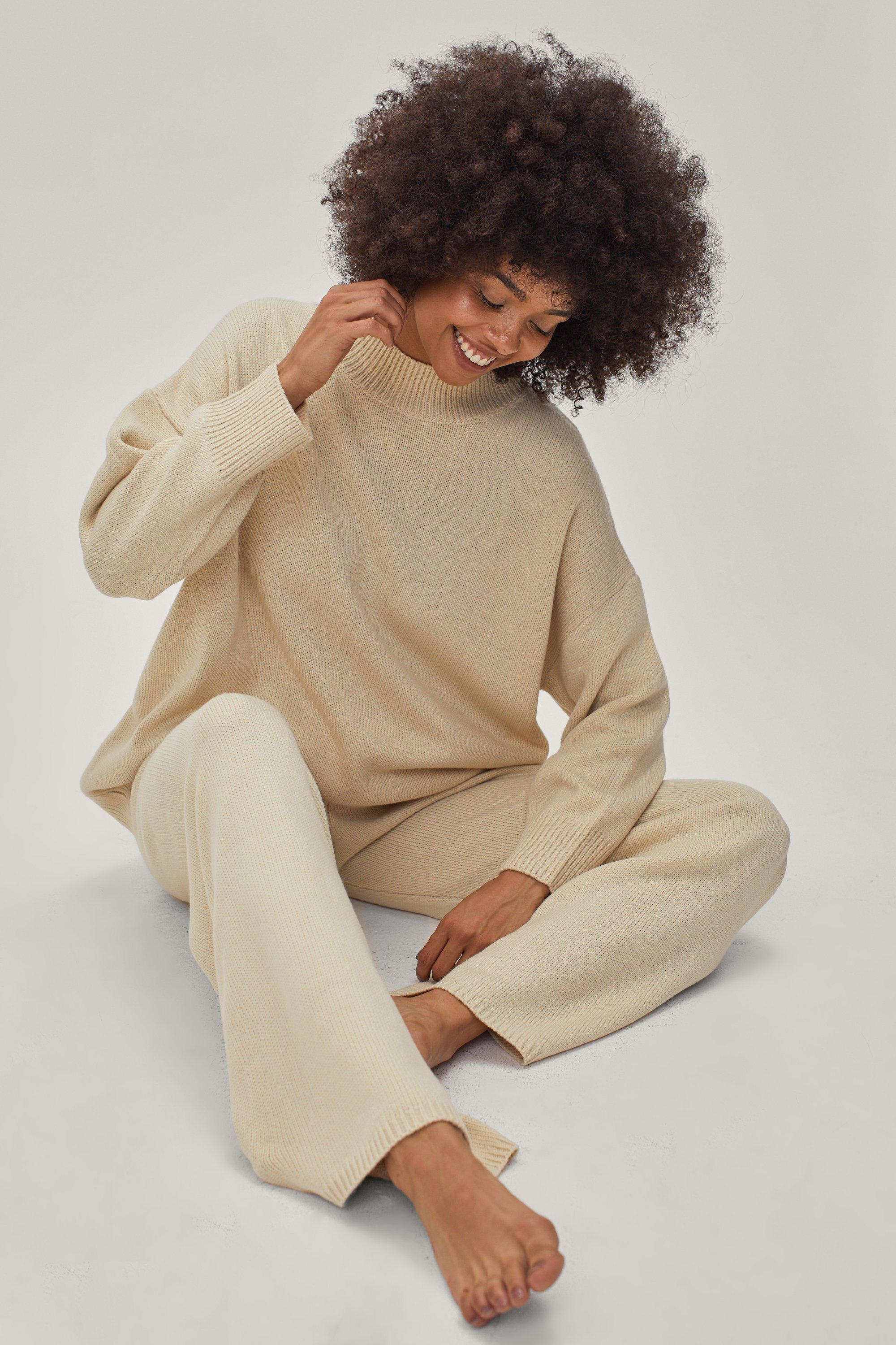 ASOS DESIGN knit sweater and wide leg pants set in cream