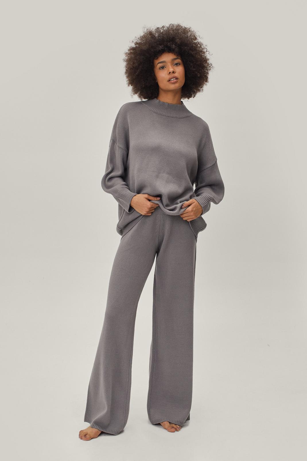Grey marl Knitted Sweater and Wide Leg Pants Lounge Set image number 1