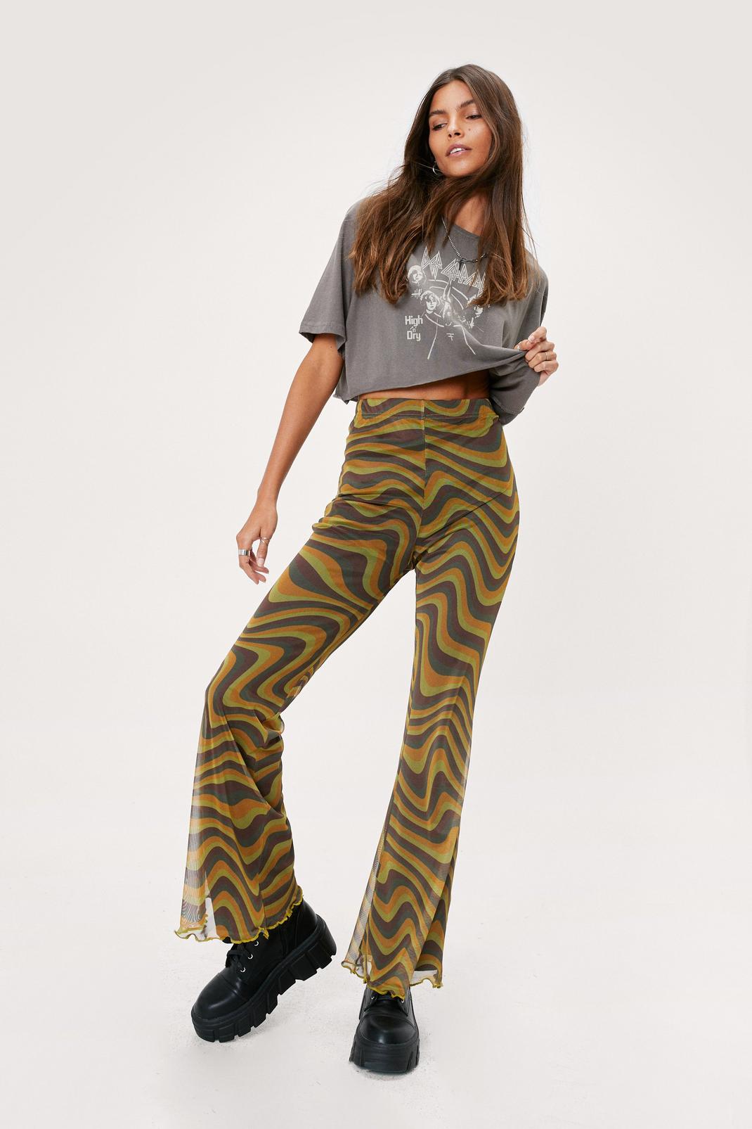 198 Ochre Wave Print Mesh Flared Trousers image number 1