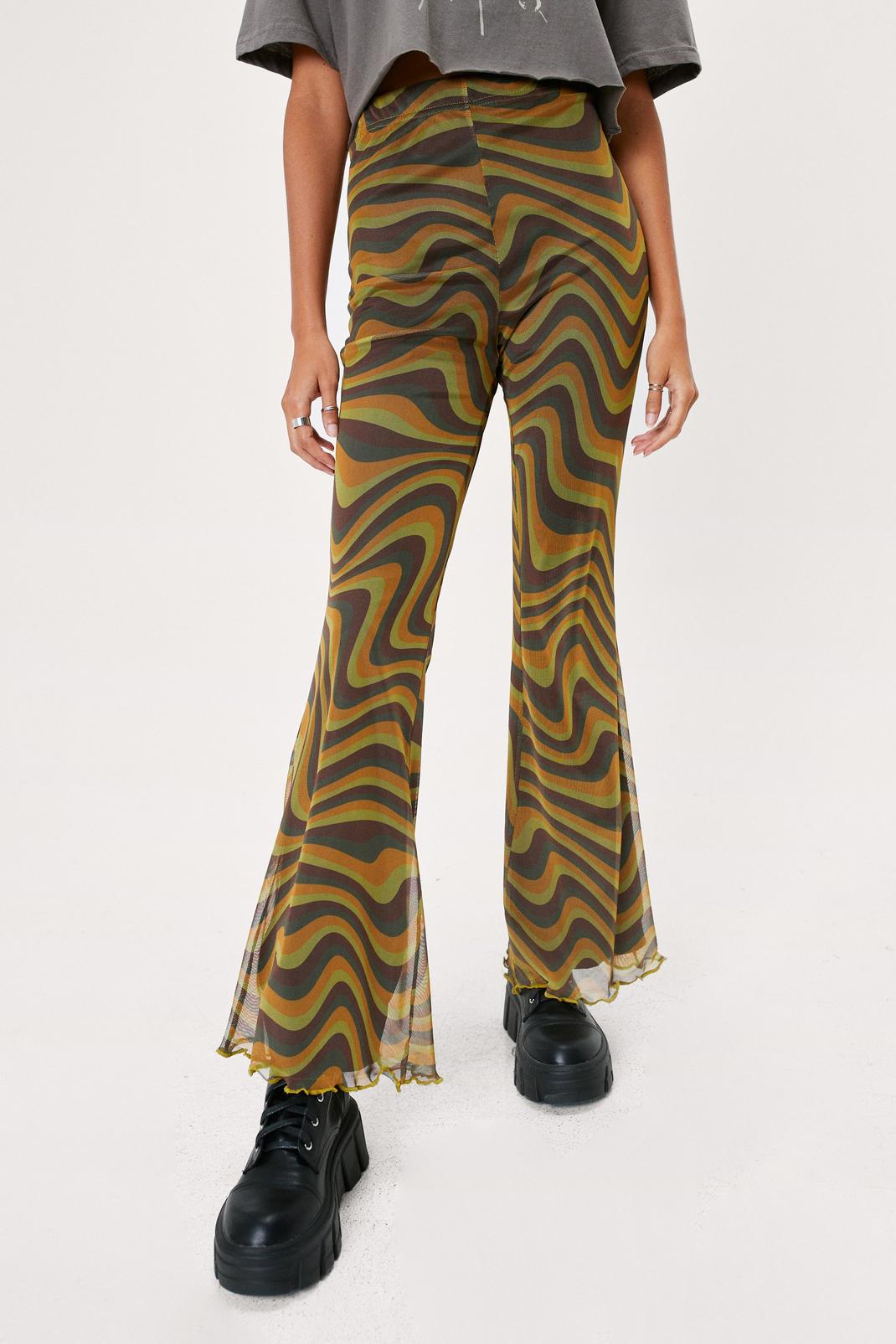 198 Ochre Wave Print Mesh Flared Trousers image number 2